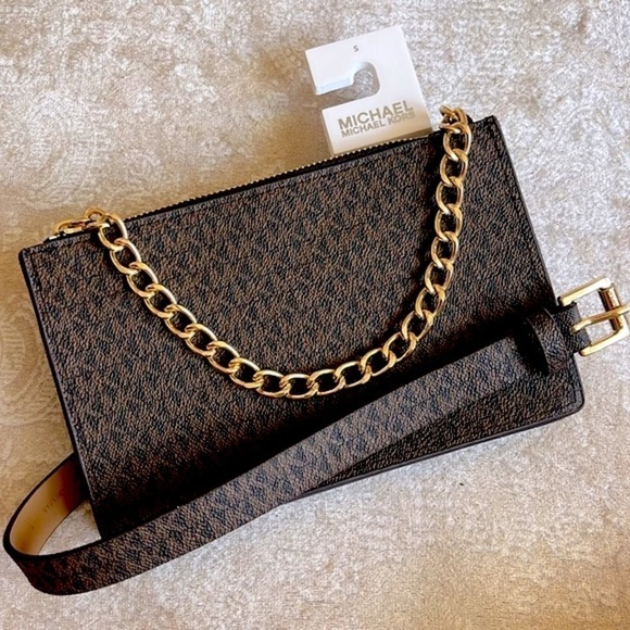 Brand New Michael Kors Brown Zippered Logo Belt Bag Gold Tone Chain Fanny Pack main image 5